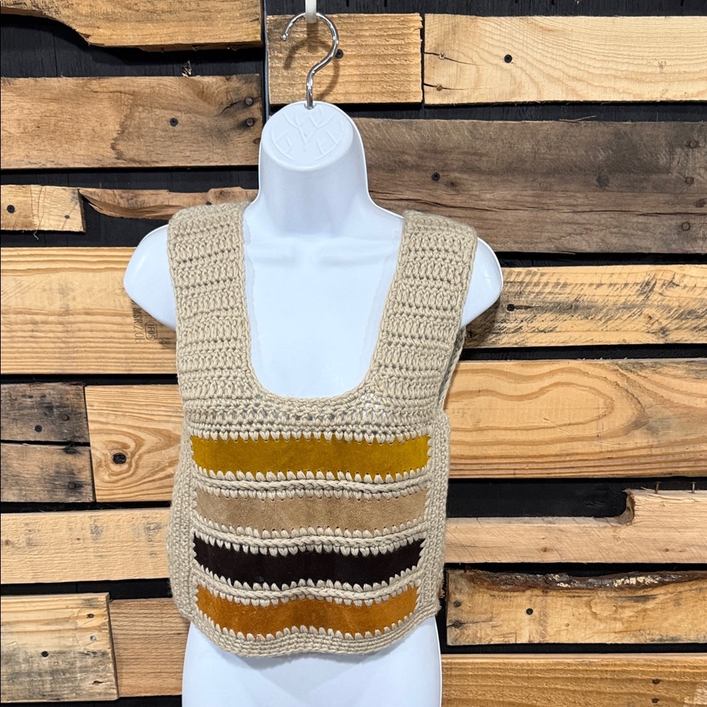 Homemade Chunky Crochet Square Neck Sleeveless Sweater With Suede Stripes XS